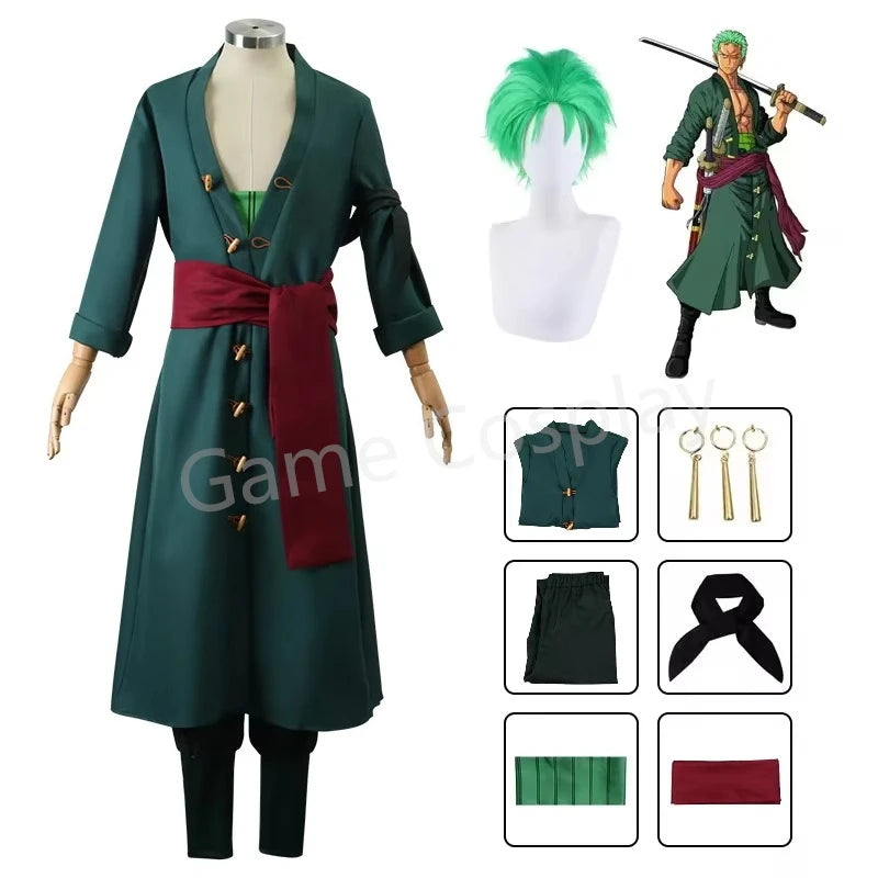 Roronoa Zoro Cosplay Anime Figures Costume Uniform Green Coat Pants Head Scarf Roronoa Zoro Wig Earrings Halloween Men Clothes