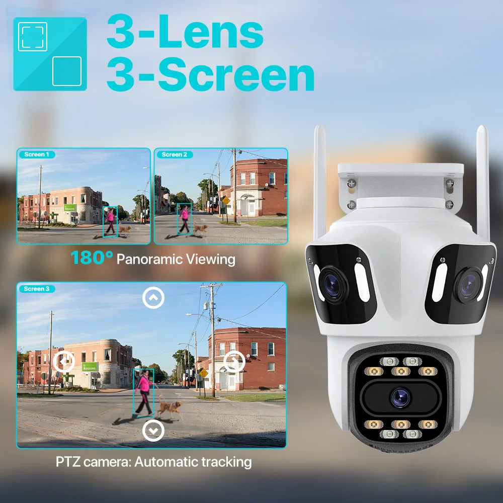 Three Lens PTZ IP Camera Outdoor 6K HD Three Screen WiFi Security Camera Auto Tracking 4K Dual Len Wirelss CCTV Camera iCsee Stone's Store