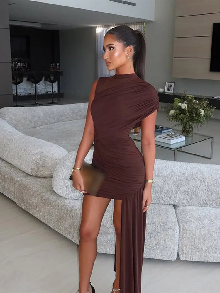 Irregular Pleated Ruched Ribbon Dress Women's Chic Red Sleeveless High Waist Mini Dresses 2025 Summer Lady Party Club Gowns New Avenoir Store