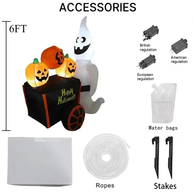 6FT Halloween Outdoor Holiday Decorations Inflatable Toys Ghost Push Pumpkin Cart with LED Lights Outdoor Party Inflatable Model