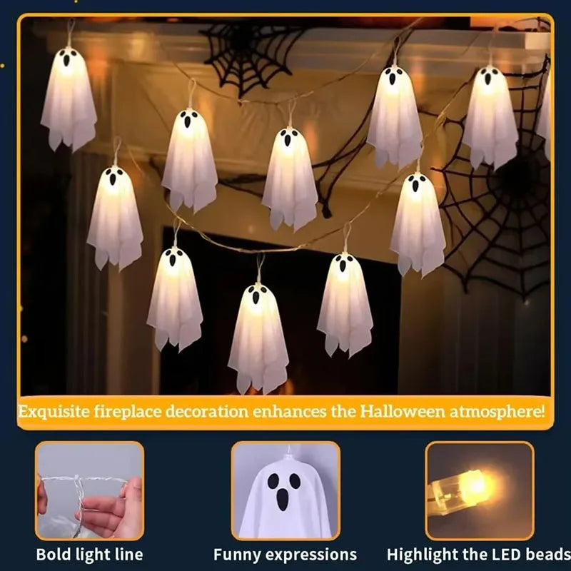 Halloween Ghost String Lights, 10PCS LED Spooky Hanging Ghosts Decor, Light Up Glow Garland, 8 Modes Waterproof String Garland
