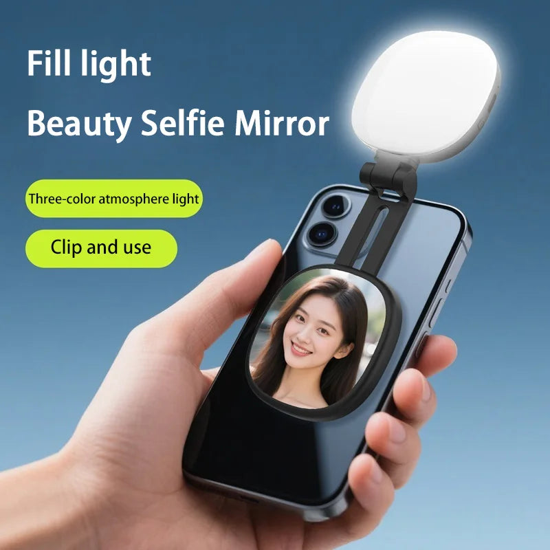 Luz de relleno magnética para selfis de teléfono móvil, fotografía en vivo, mini espejo de maquillaje portátil, luz LED plegable de bolsillo, soporte para teléfono móvil