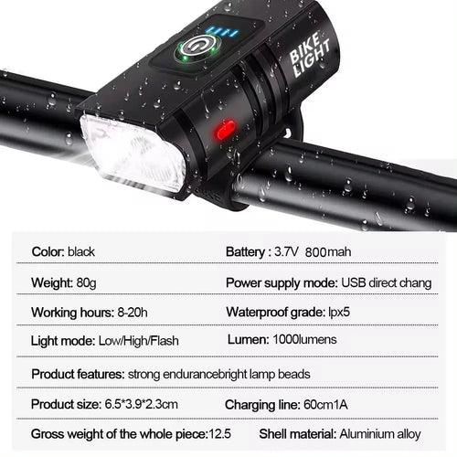 BK02 Bike Light USB Rechargeable T6 LED Bicycle Lights 6 Modes MTB