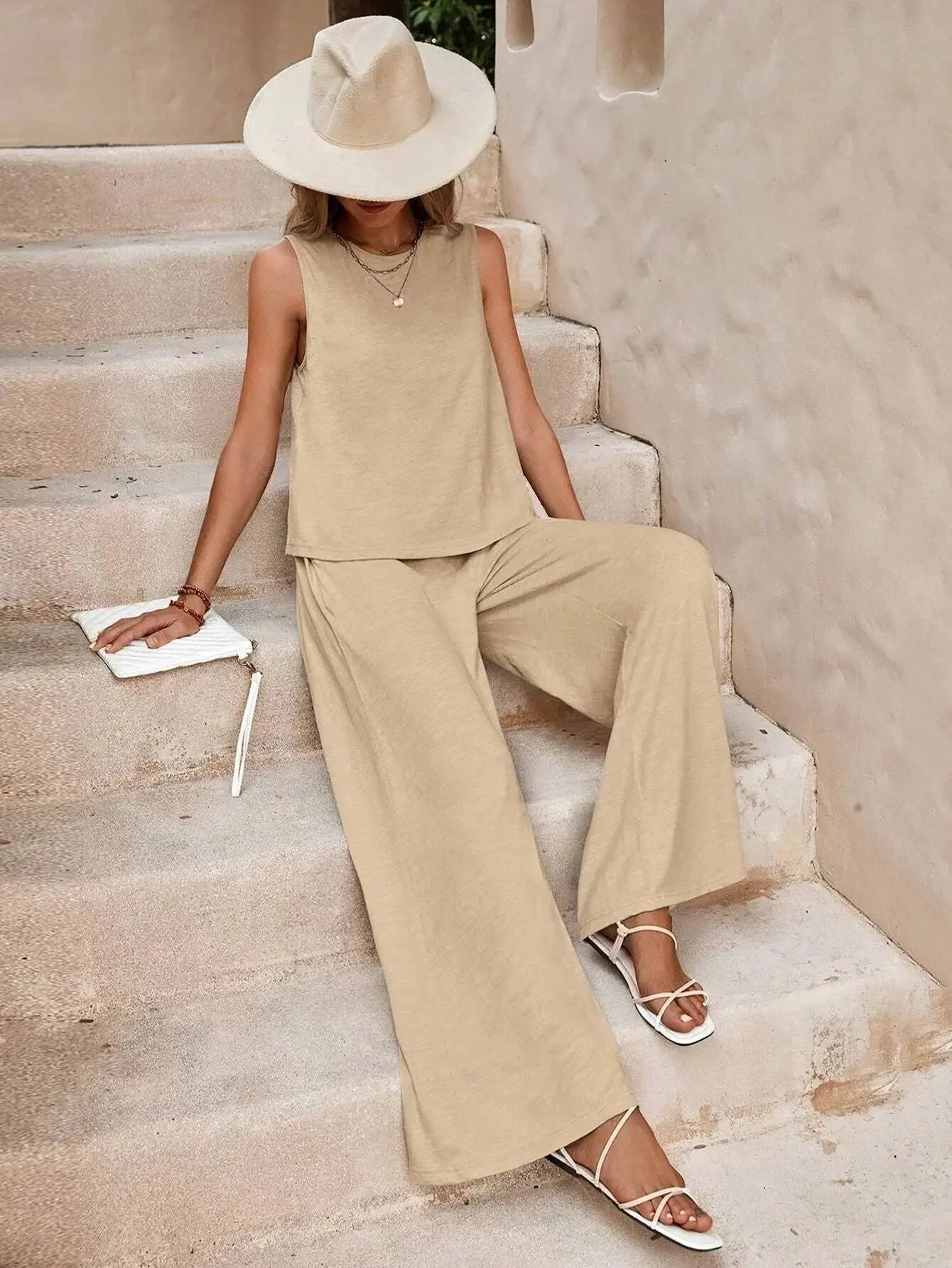 Round Neck Sleeveless Top and Wide Leg Pants Set Shop1102652536 Store