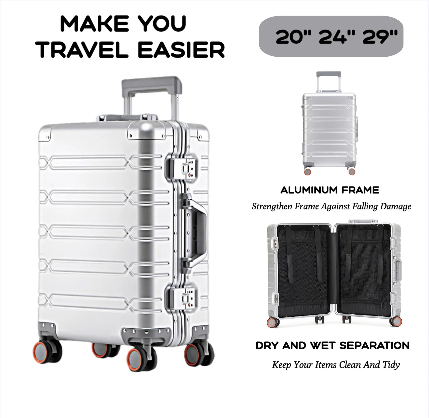 2024 New Large Capacity Durable Luggage Sets Aluminum Suitcase Women Girl Carry-On Boarding Travel 20/24/29 Big Save Store