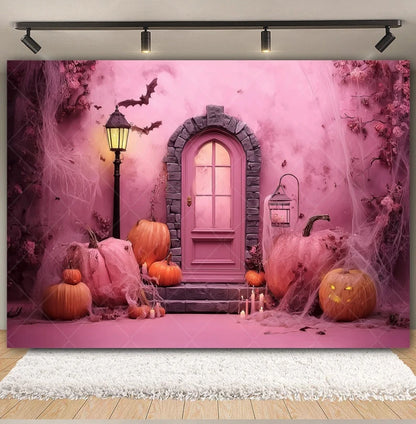 Halloween Retro Arch Family Portrait Photography Backdrop Pink Wall Pumpkin Bat Girls Kids Birthday Party Photo Background Decor