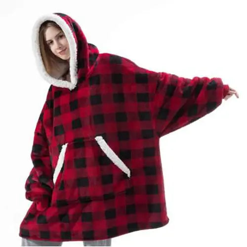 HMSU Winter Outdoor Hooded Pocket Blankets Warm Soft Hoodie Slant Robe