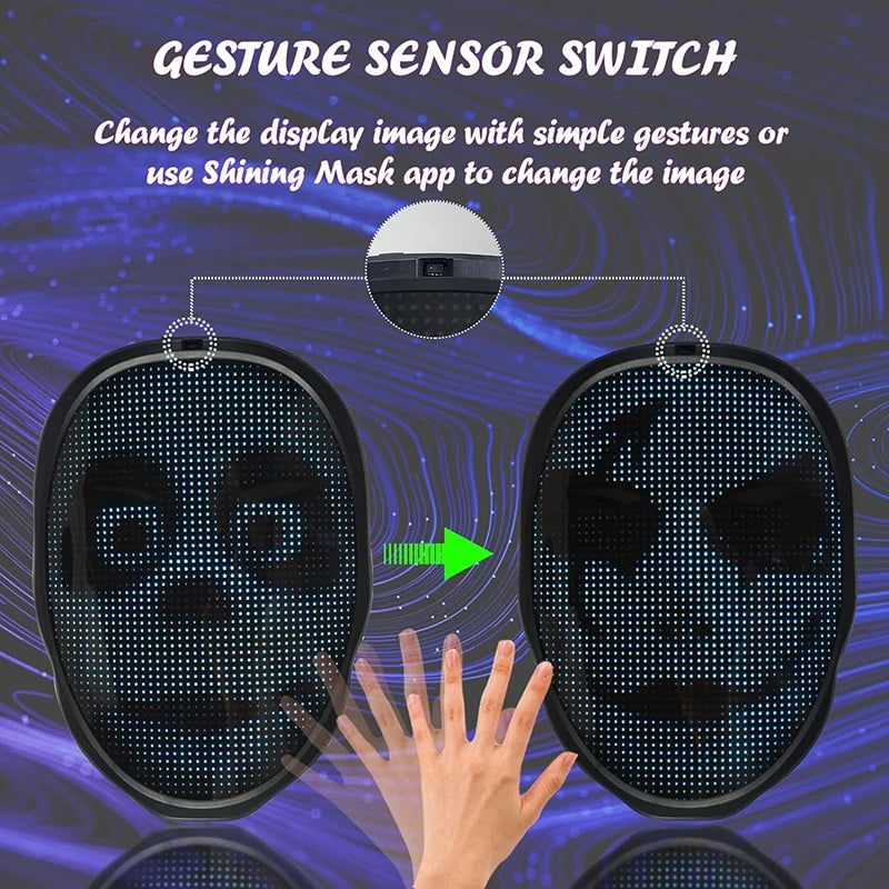 Máscara LED con control de aplicación Bluetooth, programable, transformadora, iluminada, máscara LED de Halloween