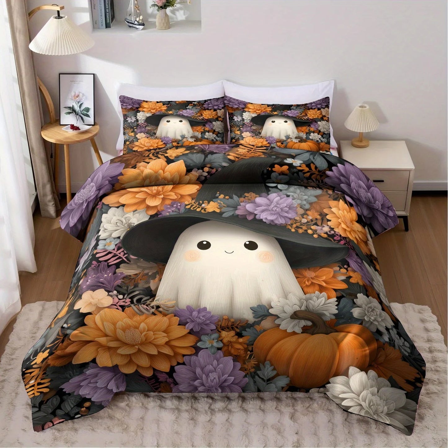 3pcs Halloween Pumpkin Monster Duvet Cover Set without Core 1Quilt Cover 2 Pillowcases Soft Floral Duvet Cover Set for Bedroom