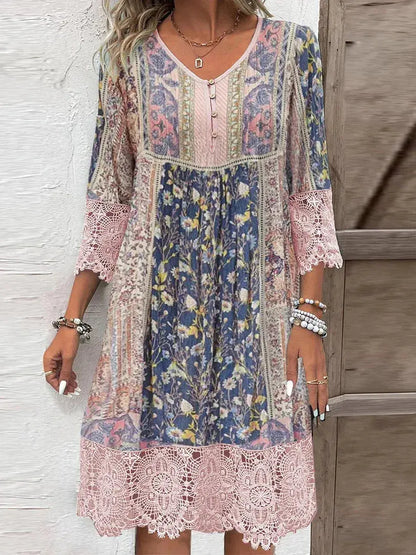 Full Size Lace Detail Printed Three-Quarter Sleeve Dress Dress Jasmine Flower Store