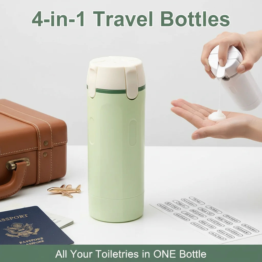 TravelFlow™ 4-in-1 Dispenser ✈️ — One Bottle, Four Essentials