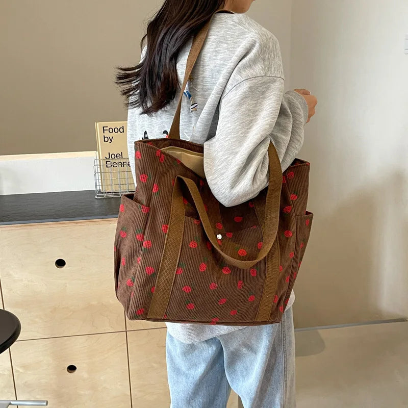 Bolso de mano Xajzpa Fresh Sweet Girl, a la moda, de pana de alta gama con estampado, bolso de hombro informal para compras, para ir al trabajo, bolso de mujer debajo del brazo
