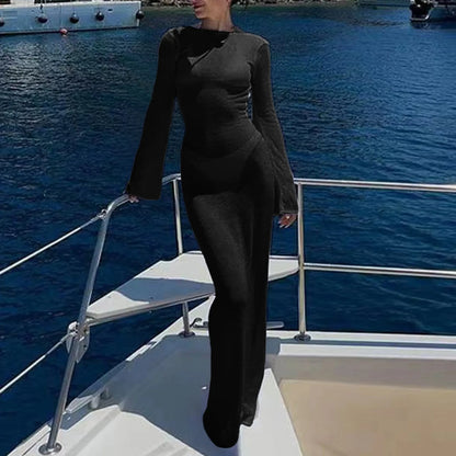 Sexy Women Long Knit Sleeve Bikin Backless Solid Dresses Fashion Cover Up Female See-Through Hollow-Out Beach Knitwear Dress