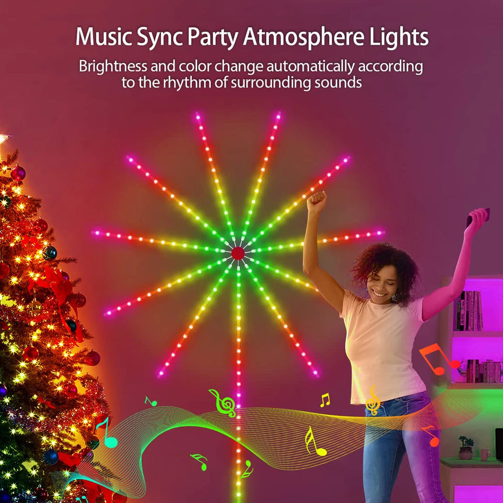 Espectáculo de luces de fuegos artificiales inteligentes: ¡sincronización con la música a través de la aplicación, no se necesitan fuegos artificiales!