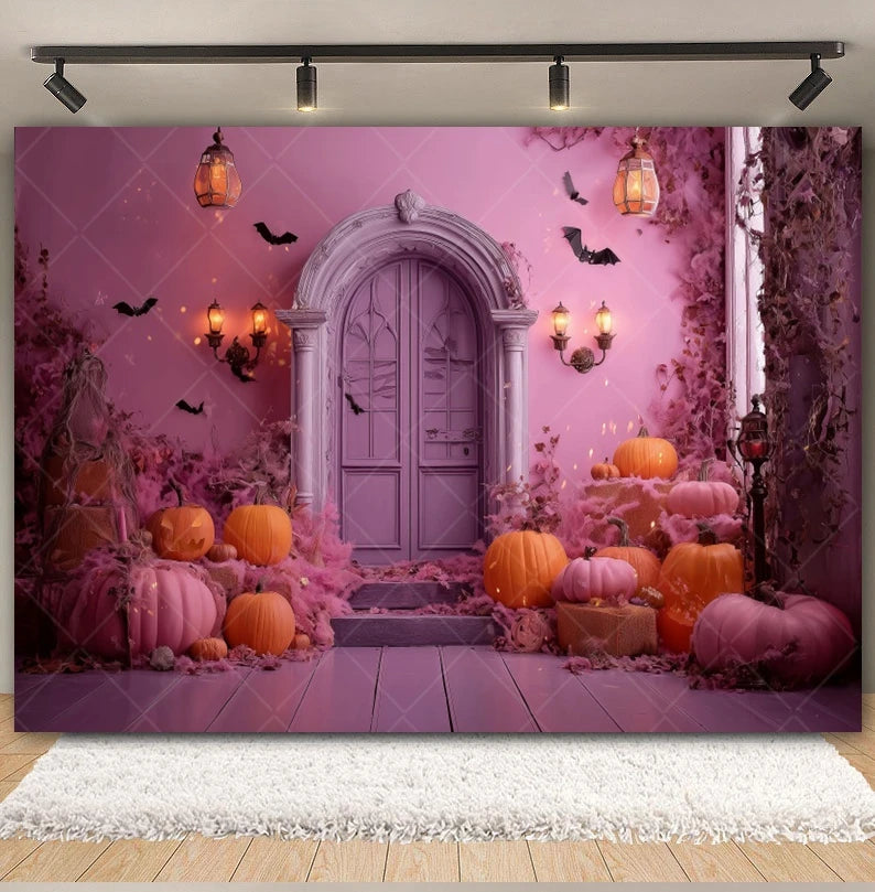 Halloween Retro Arch Family Portrait Photography Backdrop Pink Wall Pumpkin Bat Girls Kids Birthday Party Photo Background Decor