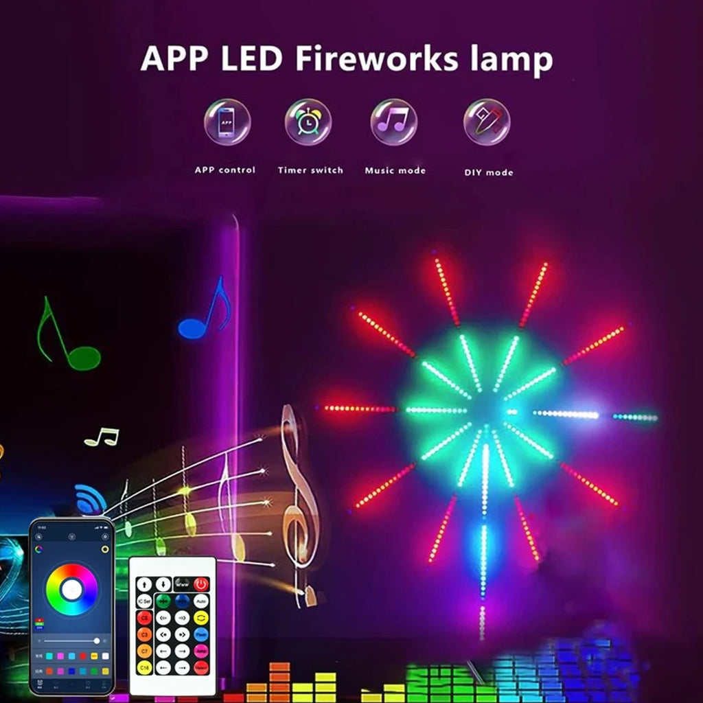 Espectáculo de luces de fuegos artificiales inteligentes: ¡sincronización con la música a través de la aplicación, no se necesitan fuegos artificiales!