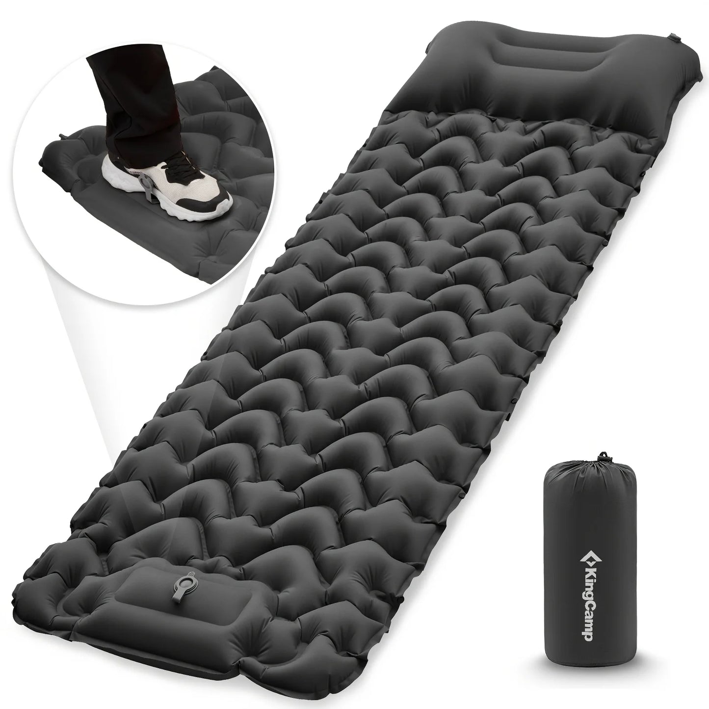 KingCamp Self Inflating Sleeping Pad, Ultralight Inflatable Sleeping Mat With Pillow Built-in Foot Pump For Hiking, Traveling