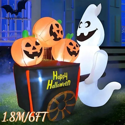 6FT Halloween Outdoor Holiday Decorations Inflatable Toys Ghost Push Pumpkin Cart with LED Lights Outdoor Party Inflatable Model