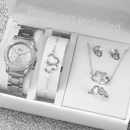 6PCS/Set Women's Watch Fashion Rhinestone Stainless Steel Band Quartz