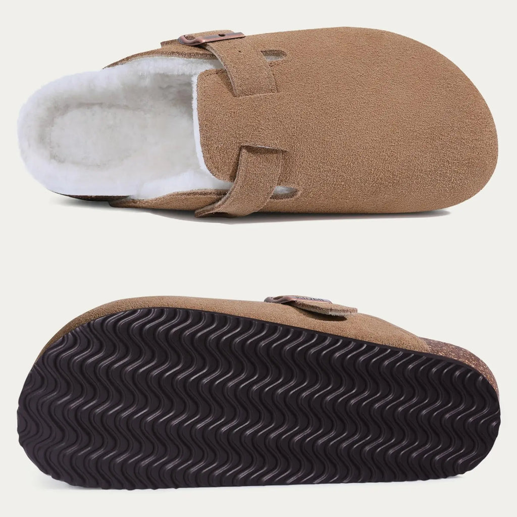 Pantuflas Zuecos de Gamuza y Piel para Mujer Shevalues, Plantilla Clásica de Corcho, Mules Peludas, Pantuflas de Invierno de Felpa, Pantuflas Planas de Corcho Cálidas para Exteriores