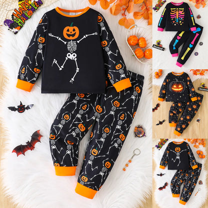 5t Boy Clothes Fall Boy Halloween Home Dress Pajamas Set Pumpkin Print Top Full Printed Pants Two Piece Set Boys 3 Years Clothes