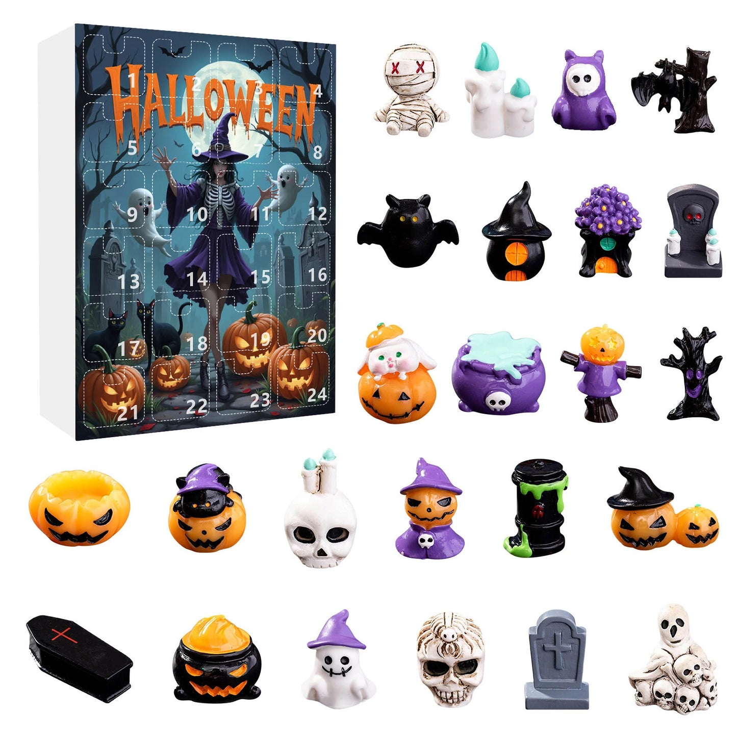 24Pcs Ghost Pumpkin Figurines Halloween Advent Calendar Box Resin Spooky Black Car Bat Ornaments Countdown Calendar Surprise Box