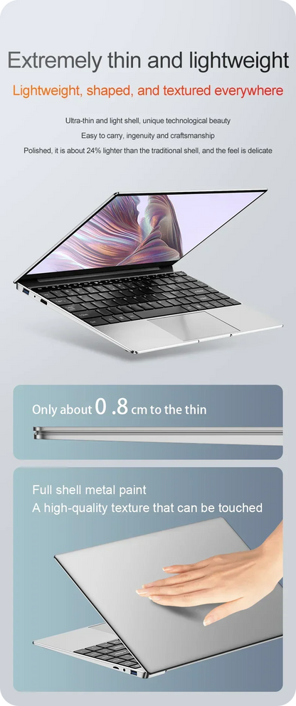 14.1"Ultra Slim Laptop 16GB RAM 2TB SSD Intel N3700 Notebook Gamer 1920*1080 Display Office Study Computer PC Windows 11 Pro