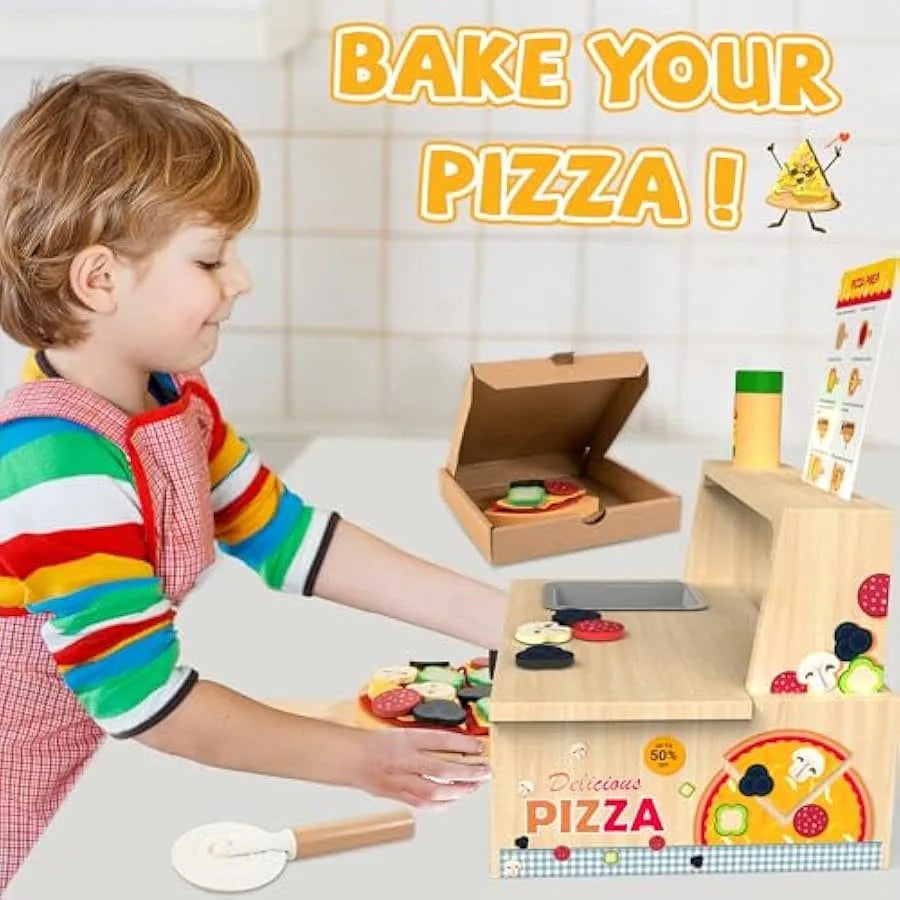 Wooden Pizza Toy - 48 PCS Montessori Pretend Play Food for Ages 3+ Educational Learning Toy Wooden Playset with Bake Oven Chris Best Price Every Day Store