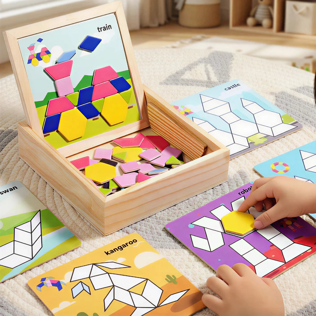 BrainShape Tangram Box Wooden Puzzles For Kids 150 Challenge Cards