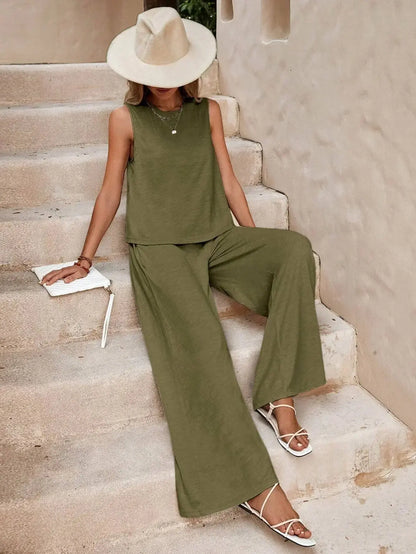 Round Neck Sleeveless Top and Wide Leg Pants Set Shop1102652536 Store