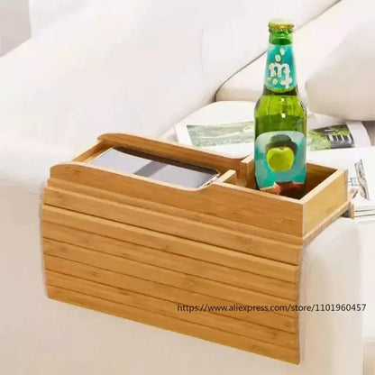 Couch Cup Holder Natural Anti-Slip Bamboo Sofa Armrest Tray Foldable