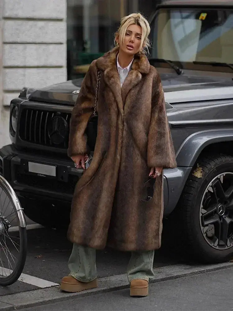 Women's Dark Brown Faux Fur Long Overcoat Single Breasted Fleece Long AliExpress