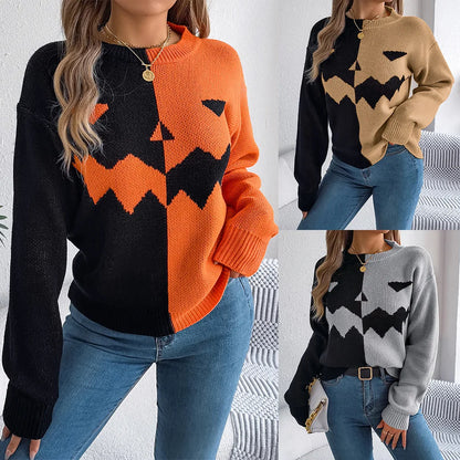 Halloween Asymmetric Color Block Sweater Jack O Lantern Face Pullover Crewneck Knit Top