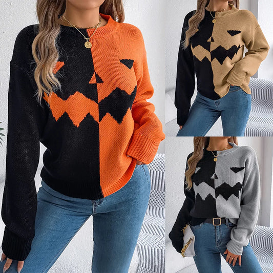 Halloween Asymmetric Color Block Sweater Jack O Lantern Face Pullover Crewneck Knit Top