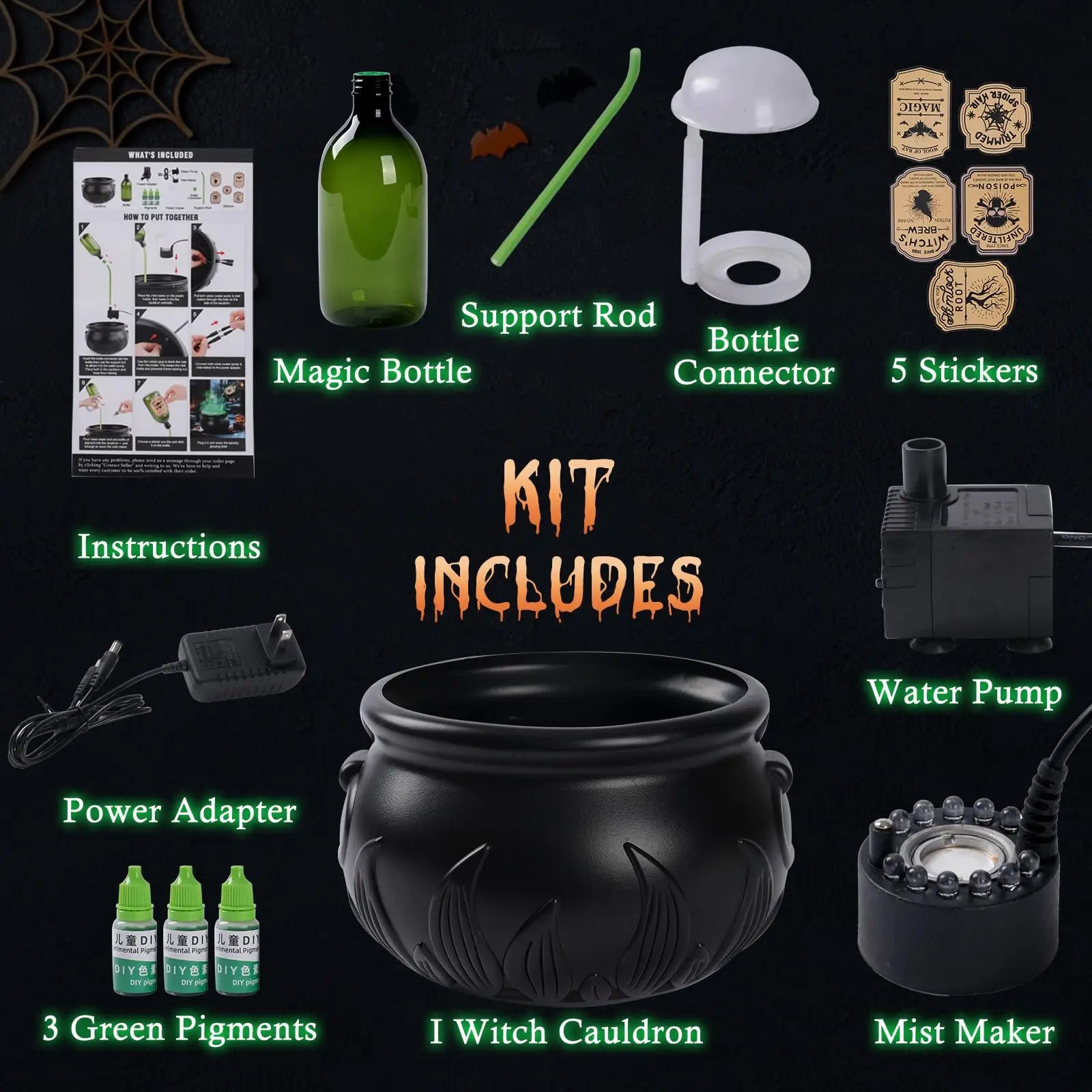 Juego de pociones flotantes DIY con caldero de brujas y vaporizador, decoración de Halloween, cuenco negro vintage espeluznante, decoración de fiesta de Hocus Pocus