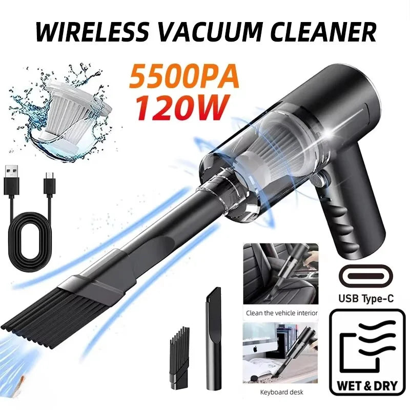 1 Aspiradora inalámbrica 120W de alta potencia negra doble uso para hogar y coche Potente aspiradora de mano portátil