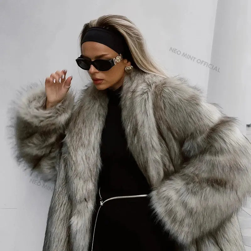 Neo Mint Luxury Mob Wife Aesthetic Long Faux Fur Coat Women Winter
