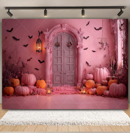 Halloween Retro Arch Family Portrait Photography Backdrop Pink Wall Pumpkin Bat Girls Kids Birthday Party Photo Background Decor
