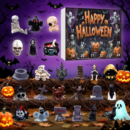 24Pcs Ghost Pumpkin Figurines Halloween Advent Calendar Box Resin Spooky Black Car Bat Ornaments Countdown Calendar Surprise Box