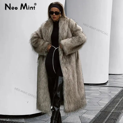Neo Mint Luxury Mob Wife Aesthetic Long Faux Fur Coat Women Winter