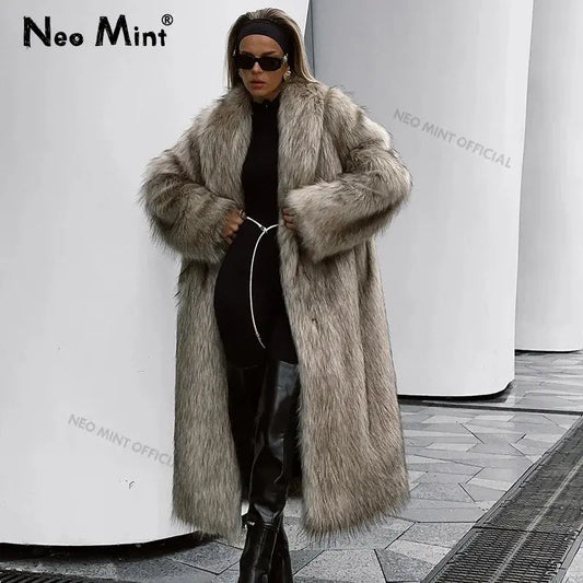 Neo Mint Luxury Mob Wife Aesthetic Long Faux Fur Coat Women Winter