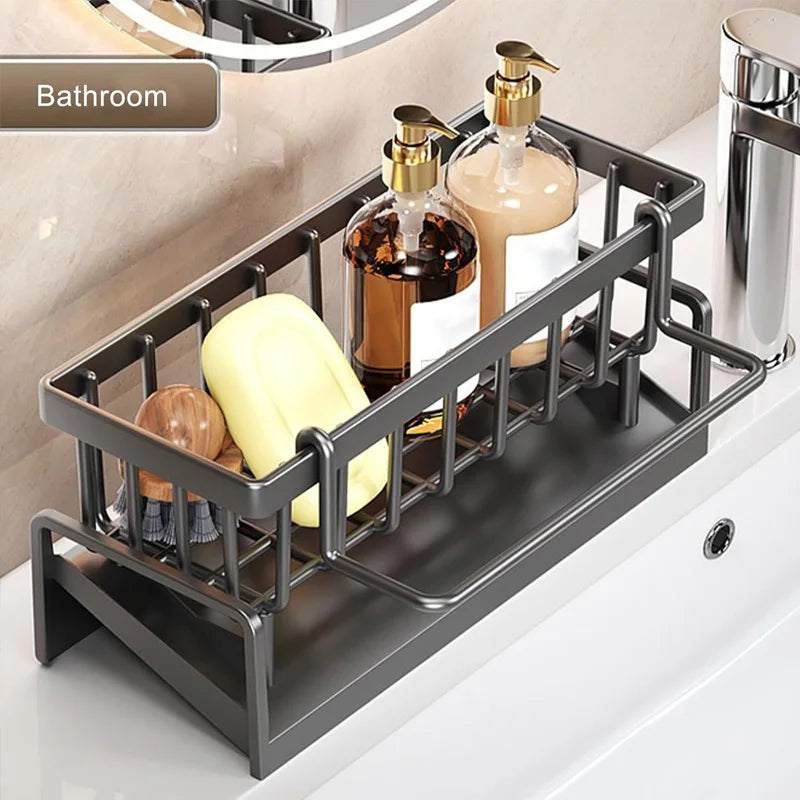 Stainless Steel Faucet Caddy - 2-Tier Sponge Holder for Kitchen Sink, Dish Soap & Scrubber Organizer, Drying Rack with Drain Tra