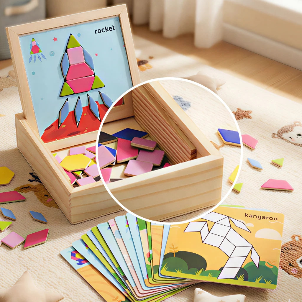 BrainShape Tangram Box Wooden Puzzles For Kids 150 Challenge Cards