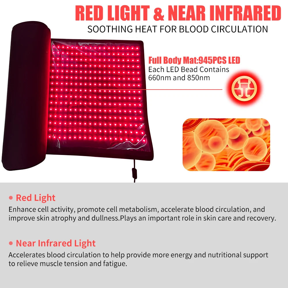 Manta de luz roja de cuerpo entero de 63" x 23.6", 945 cuentas LED de 660 nm y 850 nm, manta de luz roja, almohadilla de relajación LED de cuerpo entero