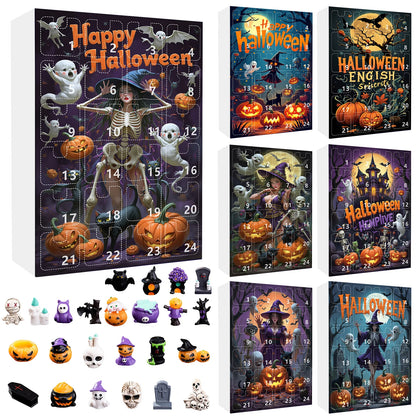 24Pcs Ghost Pumpkin Figurines Halloween Advent Calendar Box Resin Spooky Black Car Bat Ornaments Countdown Calendar Surprise Box