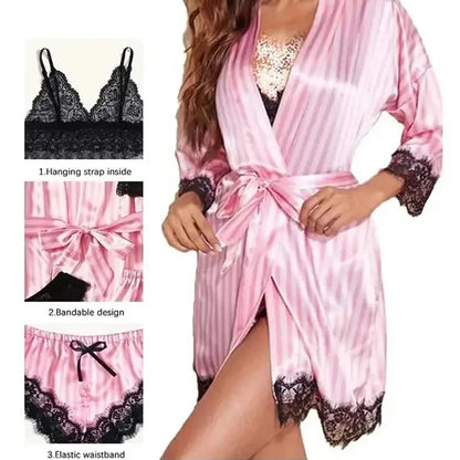 Romantic Bliss: Lace Satin 4-Piece Pajama Set