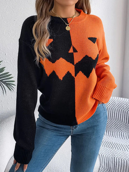 Halloween Asymmetric Color Block Sweater Jack O Lantern Face Pullover Crewneck Knit Top