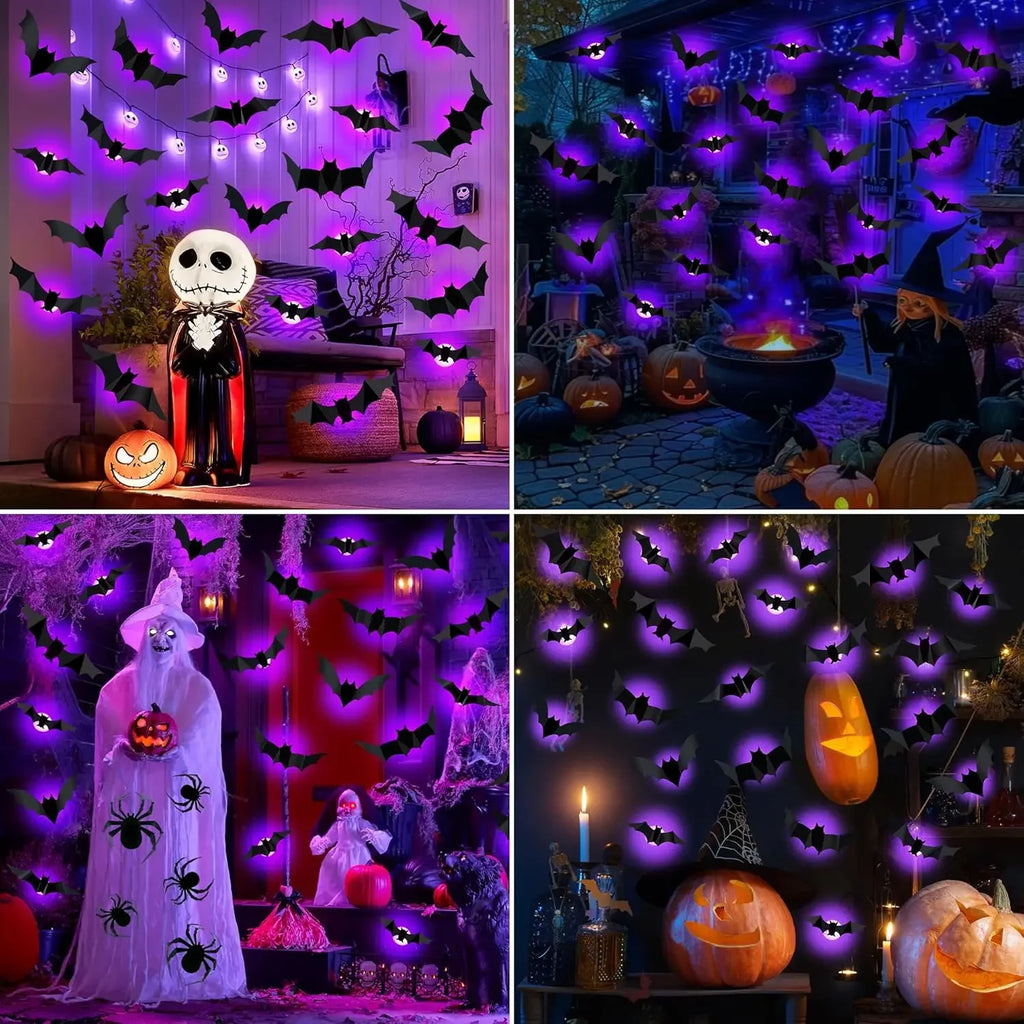 2025 12PCS-1Set Halloween 3D LED Bat Light Glow in Dark Night Light Sticker for Garden Backyard Party Decor