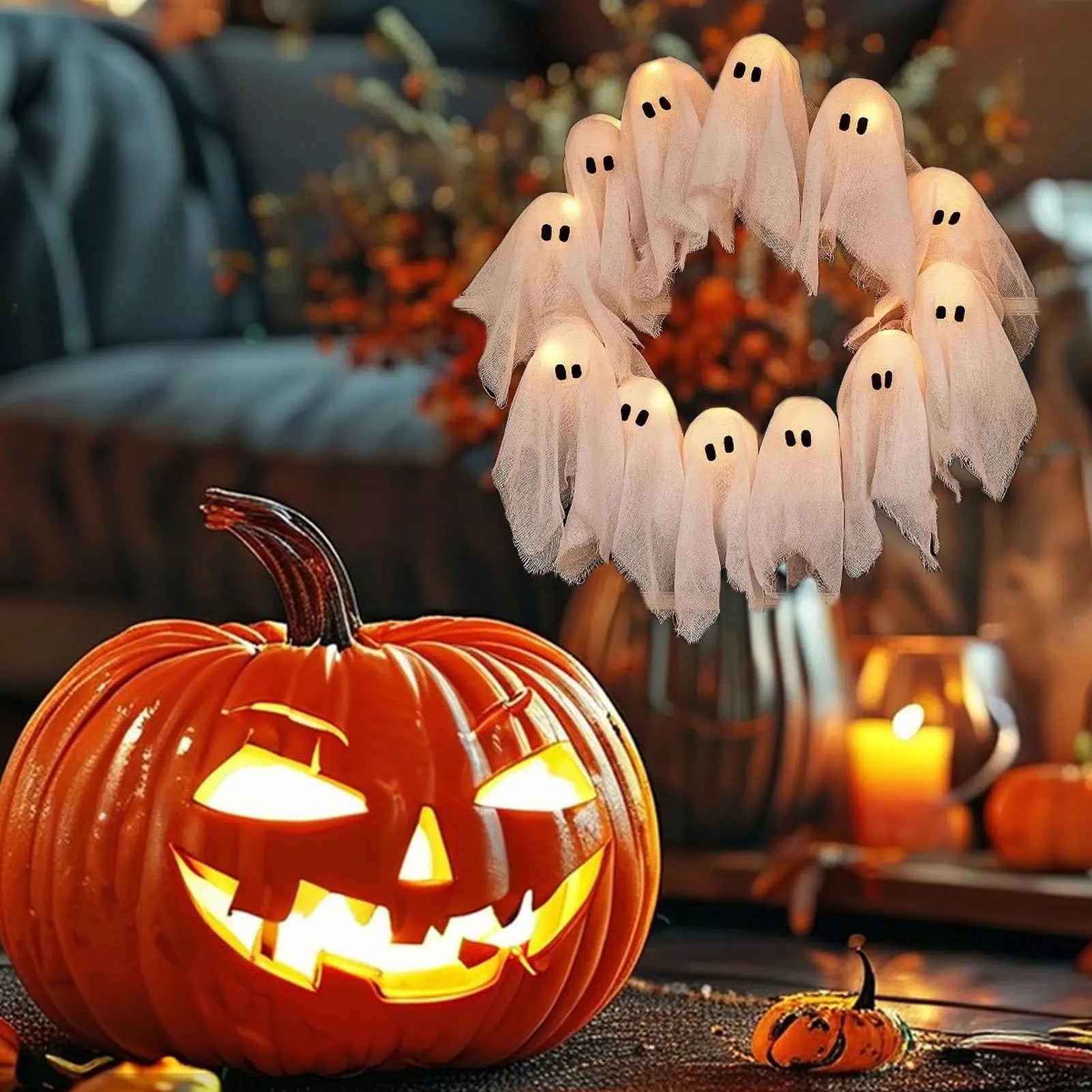 Halloween Ghost Wreath DIY Ghost Wreath Front Door Hanging Decor for Outdoor Wall Window Porch Patio Garden Home Party Decor
