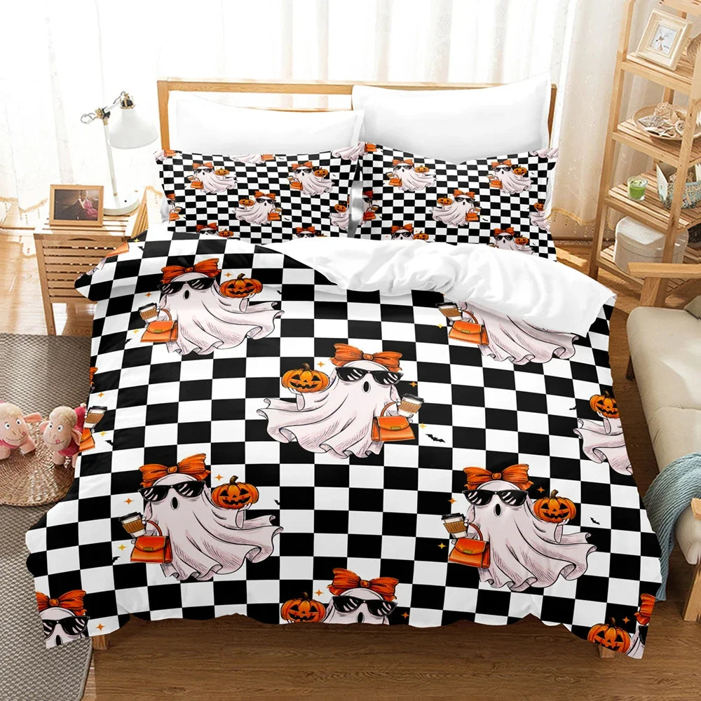 Juego de cama Feliz Halloween Impresión digital 3D Juego de 2-3 piezas (sin relleno) Adecuado para dormitorio Juego de funda nórdica Decoración de Halloween